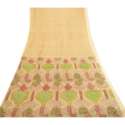 Sanskriti Vintage Sarees Indian Cream 100% Pure Silk Printed Sari Craft Sustainable Fabric