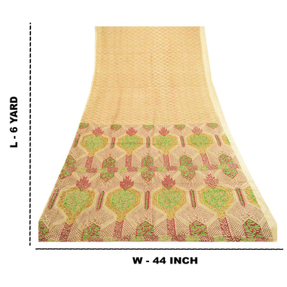 Sanskriti Vintage Sarees Indian Cream 100% Pure Silk Printed Sari Craft Sustainable Fabric