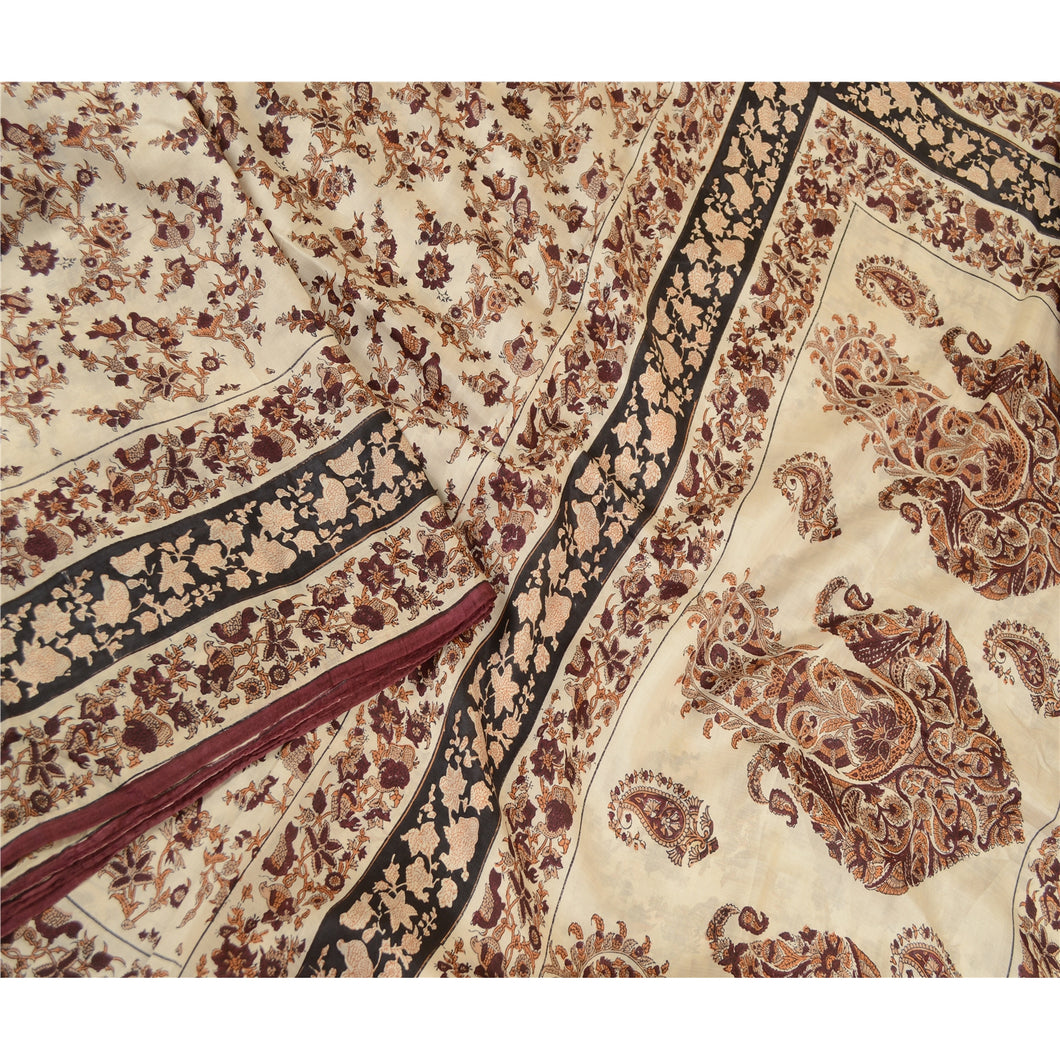 Sanskriti Vintage Sarees Bird Floral Printed Ivory Pure Silk Sari Craft Fabric