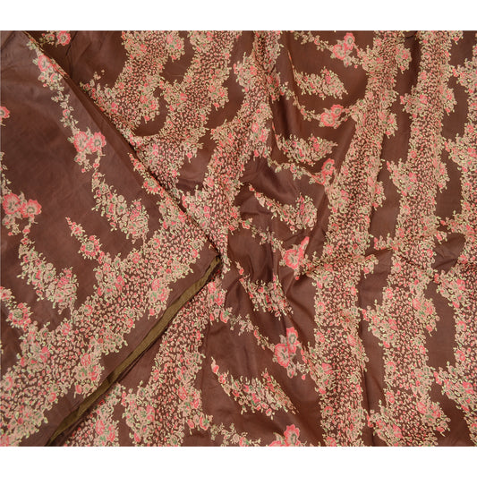 Sanskriti Vintage Sarees Indian Brown Printed Pure Silk Sari Floral Craft Sustainable Fabric