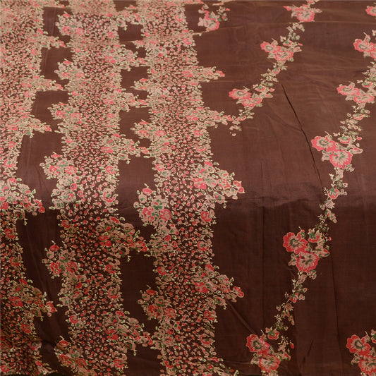 Sanskriti Vintage Sarees Indian Brown Printed Pure Silk Sari Floral Craft Sustainable Fabric