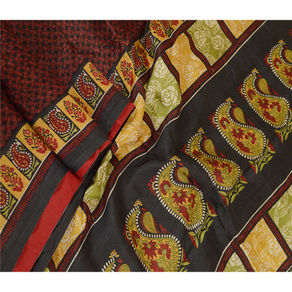 Sanskriti Vintage Sarees Black From India Pure Silk Printed Sari Craft Sustainable Fabric