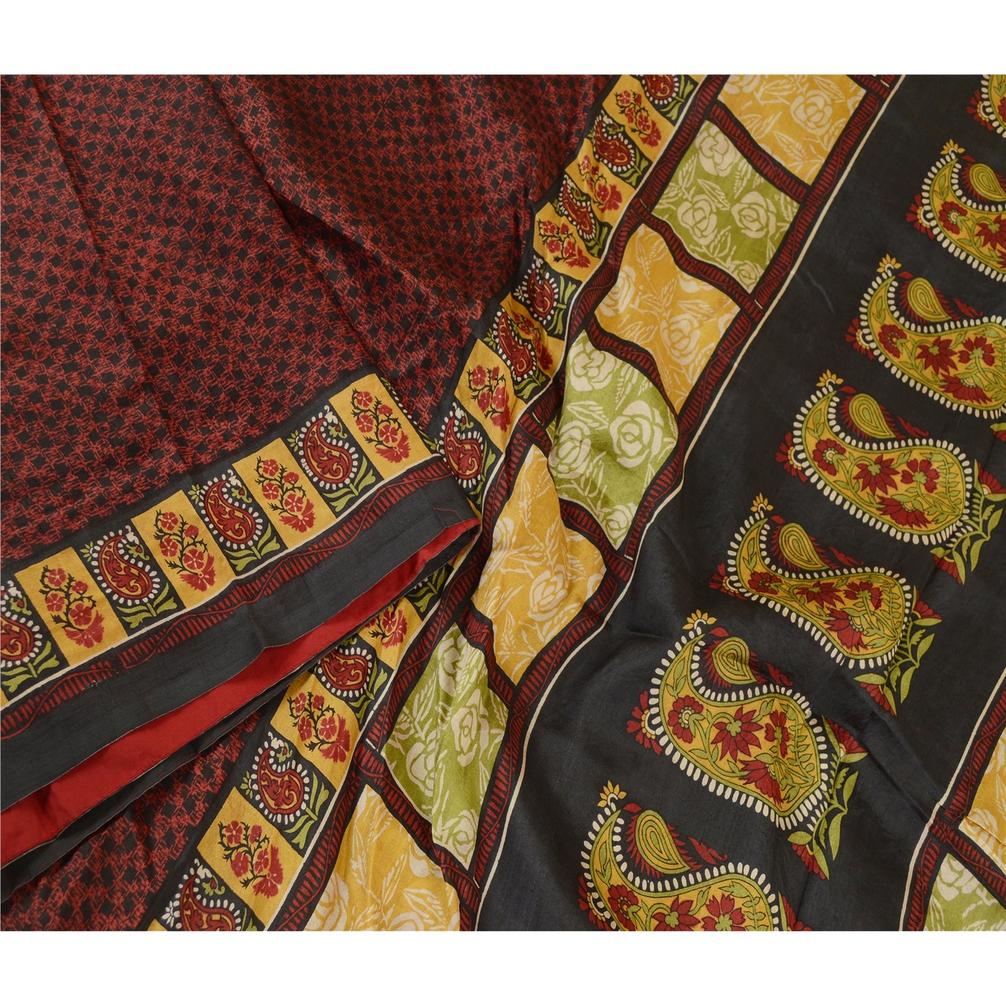 Sanskriti Vintage Sarees Black From India Pure Silk Printed Sari Craft Sustainable Fabric