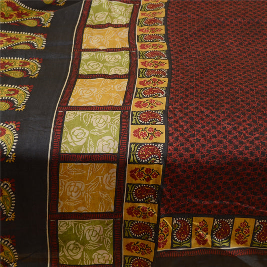 Sanskriti Vintage Sarees Black From India Pure Silk Printed Sari Craft Sustainable Fabric