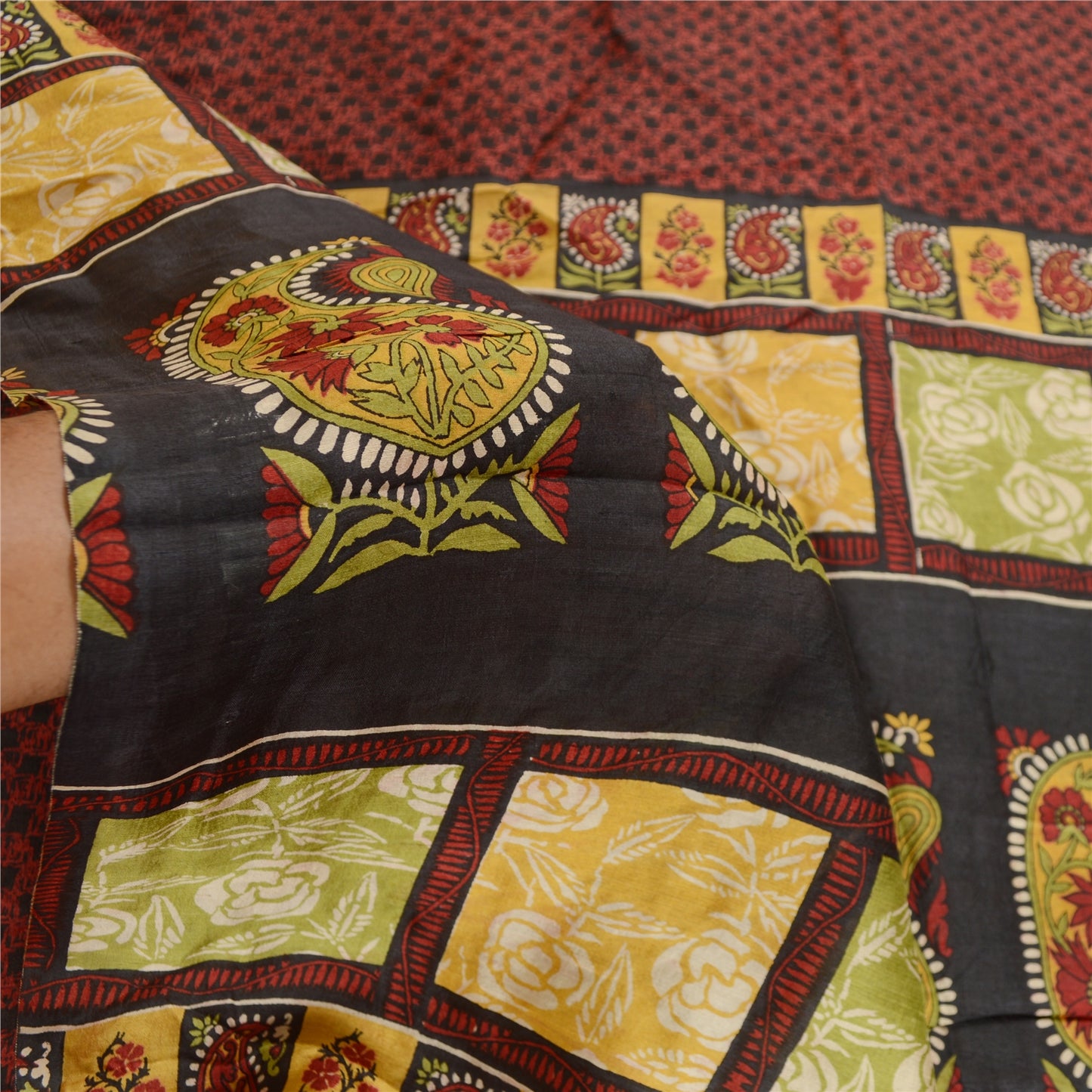 Sanskriti Vintage Sarees Black From India Pure Silk Printed Sari Craft Sustainable Fabric