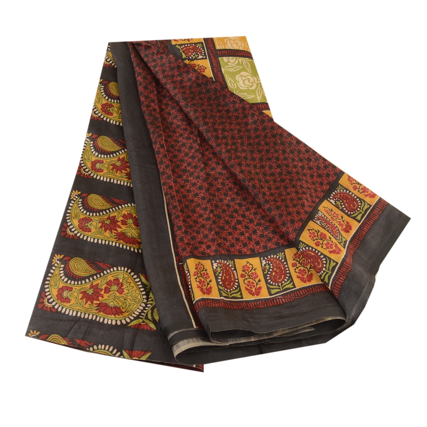 Sanskriti Vintage Sarees Black From India Pure Silk Printed Sari Craft Sustainable Fabric