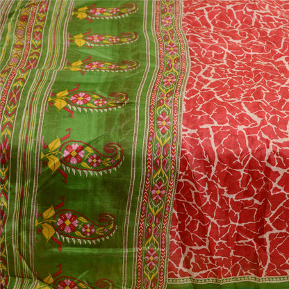 Sanskriti Vintage Sarees Red Indian 100% Pure Silk Printed Sari 5YD Craft Sustainable Fabric