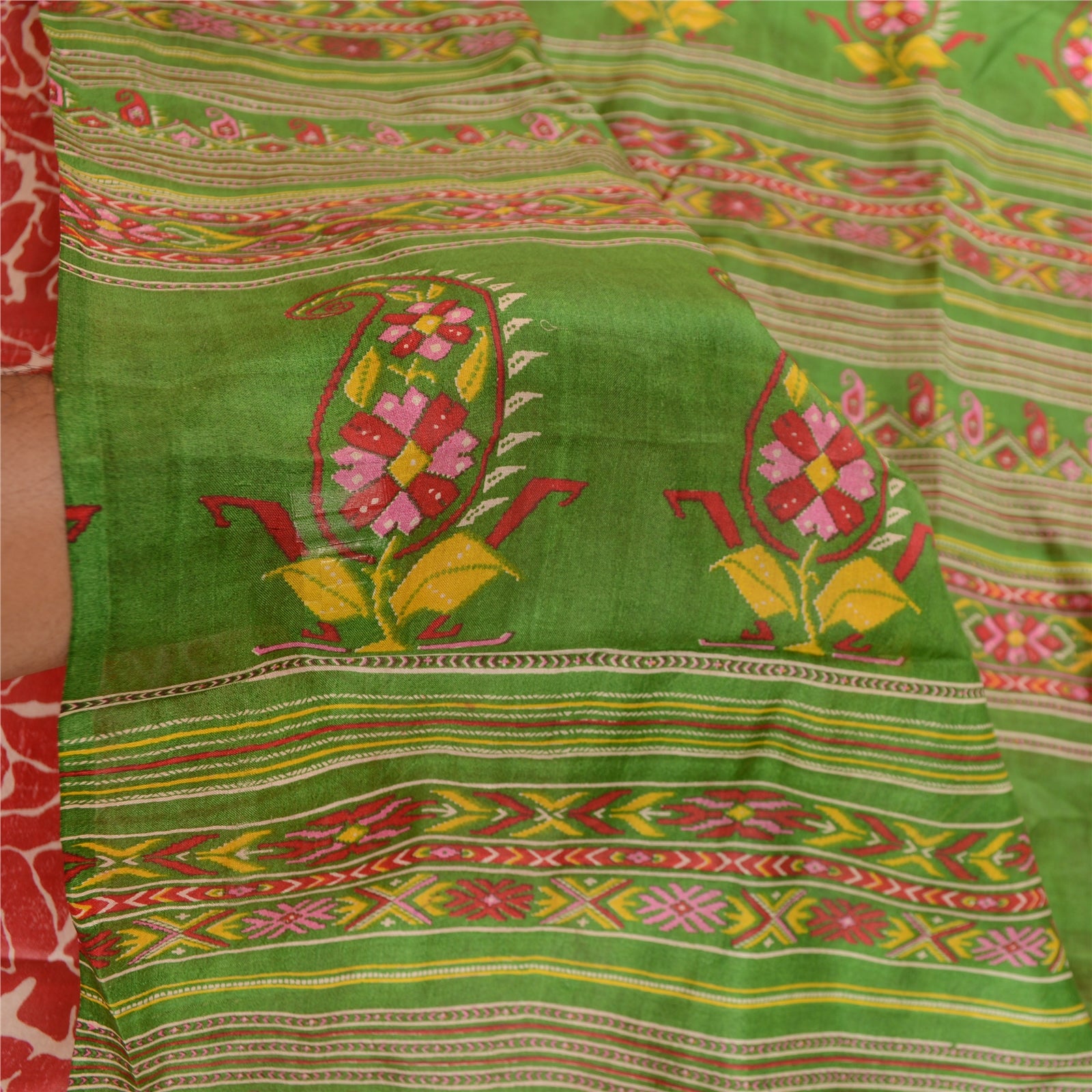 Sanskriti Vintage Saree Red & Green 100% Pure Silk Abstract Printed Saree 6 Yd Craft Fabric Sari Home Decor, Upcycled, Recycled Supplies
