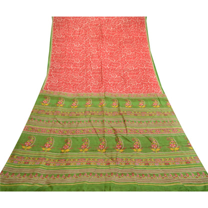 Sanskriti Vintage Sarees Red Indian 100% Pure Silk Printed Sari 5YD Craft Sustainable Fabric