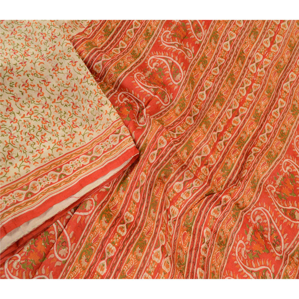Sanskriti Vintage Sarees Cream Indian Cream Pure Silk Printed Sari Craft Sustainable Fabric