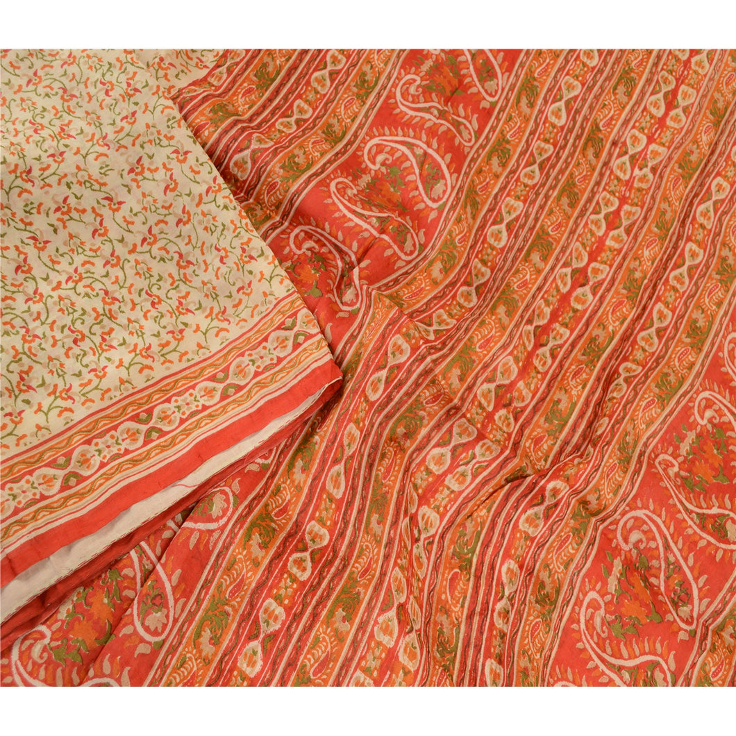 Sanskriti Vintage Sarees Cream Indian Cream Pure Silk Printed Sari Craft Fabric