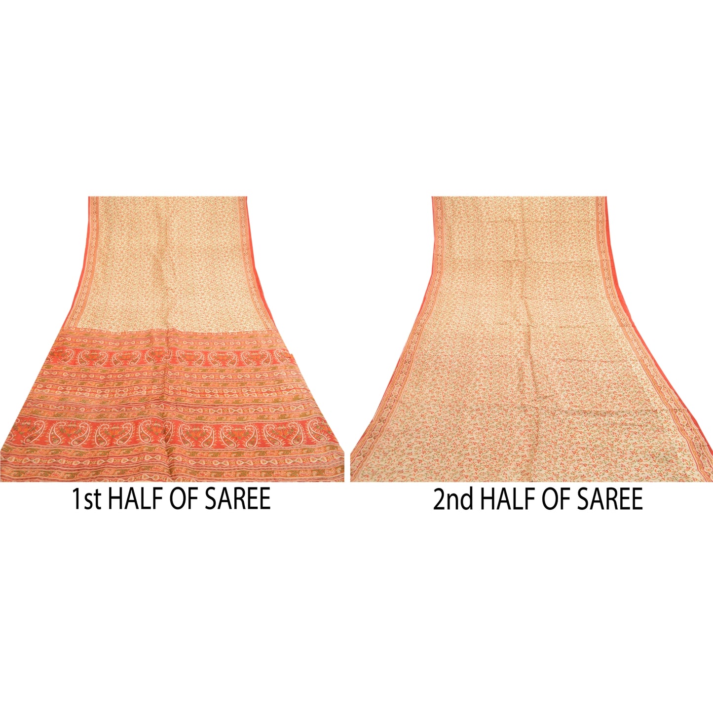 Sanskriti Vintage Sarees Cream Indian Cream Pure Silk Printed Sari Craft Sustainable Fabric