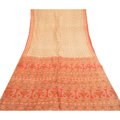 Sanskriti Vintage Sarees Cream Indian Cream Pure Silk Printed Sari Craft Sustainable Fabric