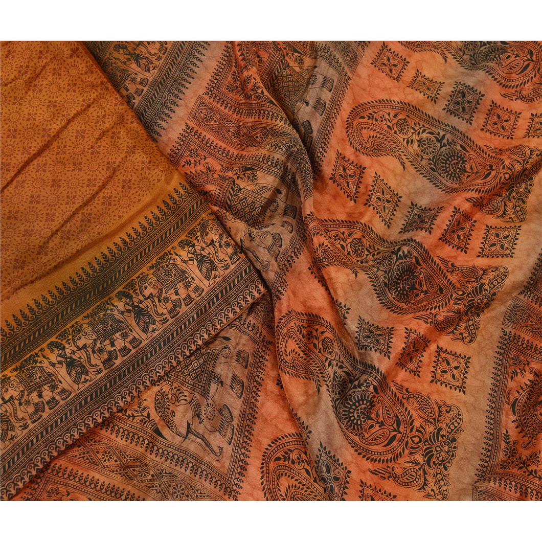 Sanskriti Vintage Sarees Saffron Baluchari Printed Pure Silk Sari Craft Fabric