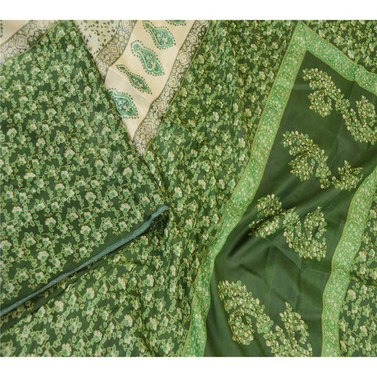 Sanskriti Vintage Sarees Green Indian Printed Pure Silk Sari 5yd Craft Sustainable Fabric