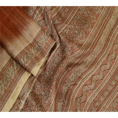 Sanskriti Vintage Indian Sarees Brown Pure Silk Printed Sari Floral Craft Sustainable Fabric
