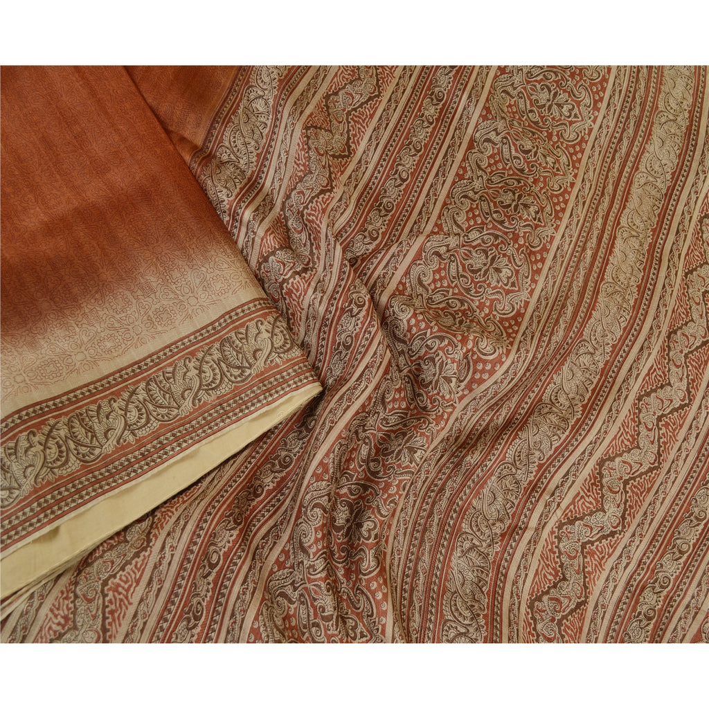 Sanskriti Vintage Indian Sarees Brown Pure Silk Printed Sari Floral Craft Sustainable Fabric