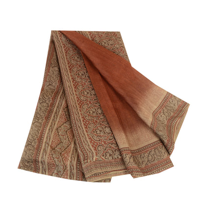 Sanskriti Vintage Indian Sarees Brown Pure Silk Printed Sari Floral Craft Sustainable Fabric