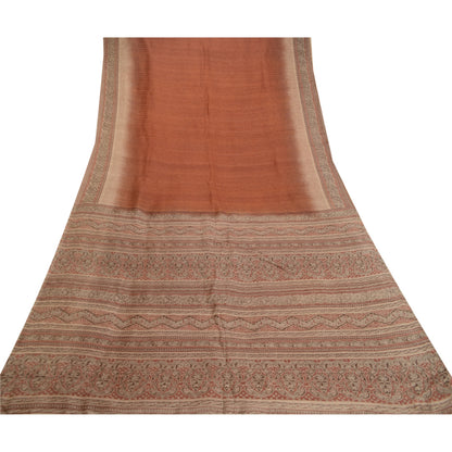 Sanskriti Vintage Indian Sarees Brown Pure Silk Printed Sari Floral Craft Sustainable Fabric