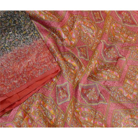 Sanskriti Vintage Sarees Black Pure Silk Printed Sari Floral Soft Craft Sustainable Fabric
