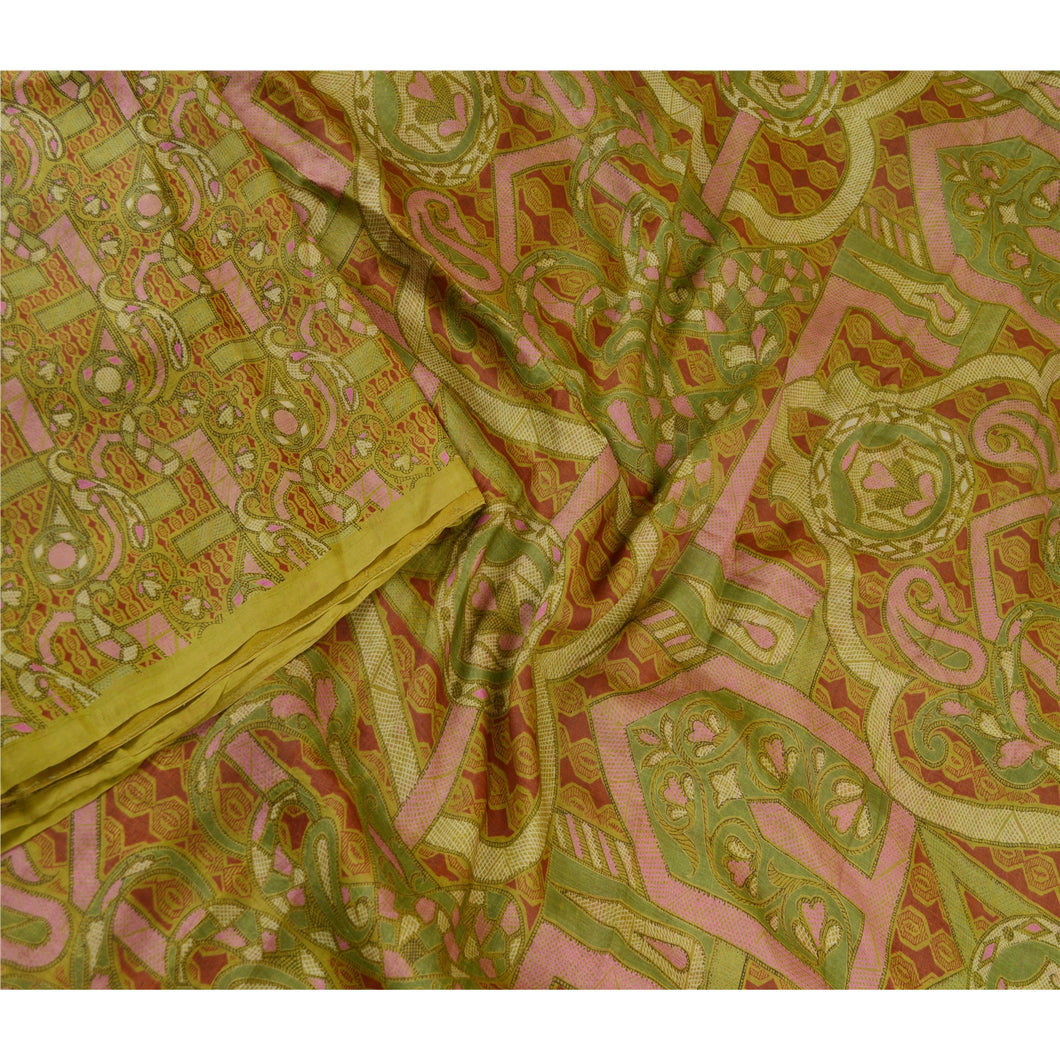 Sanskriti Vintage Sarees Green 100% Pure Silk Printed Sari 5yd Soft Craft Fabric