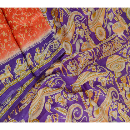 Sanskriti Vintage Sarees Red Horse Human Printed Pure Silk Sari 5yd Craft Sustainable Fabric