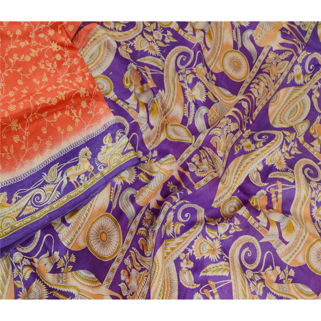 Sanskriti Vintage Sarees Red Horse Human Printed Pure Silk Sari 5yd Craft Sustainable Fabric