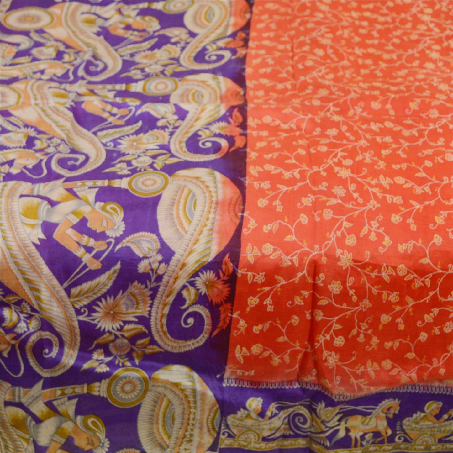 Sanskriti Vintage Sarees Red Horse Human Printed Pure Silk Sari 5yd Craft Sustainable Fabric