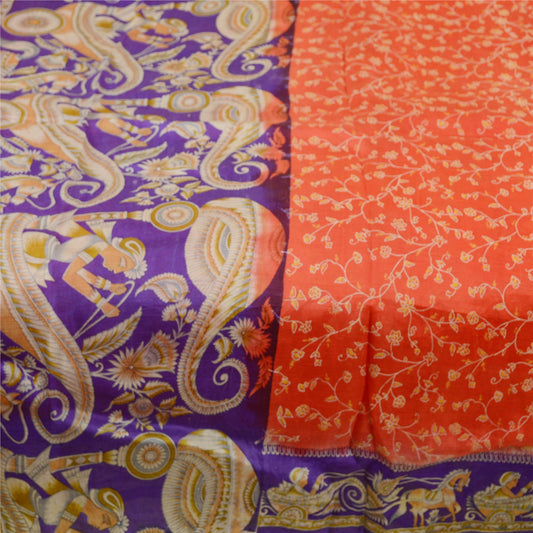 Sanskriti Vintage Sarees Red Horse Human Printed Pure Silk Sari 5yd Craft Sustainable Fabric