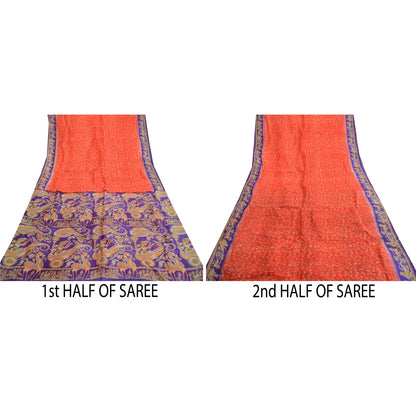 Sanskriti Vintage Sarees Red Horse Human Printed Pure Silk Sari 5yd Craft Sustainable Fabric