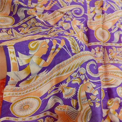 Sanskriti Vintage Sarees Red Horse Human Printed Pure Silk Sari 5yd Craft Sustainable Fabric