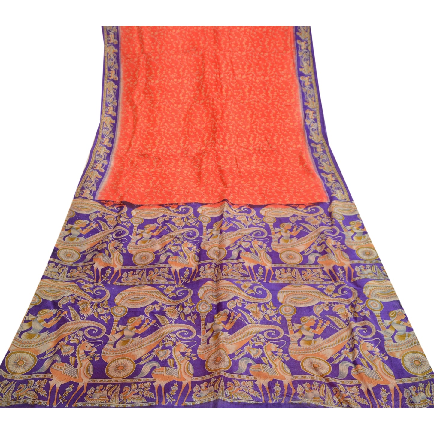 Sanskriti Vintage Sarees Red Horse Human Printed Pure Silk Sari 5yd Craft Sustainable Fabric