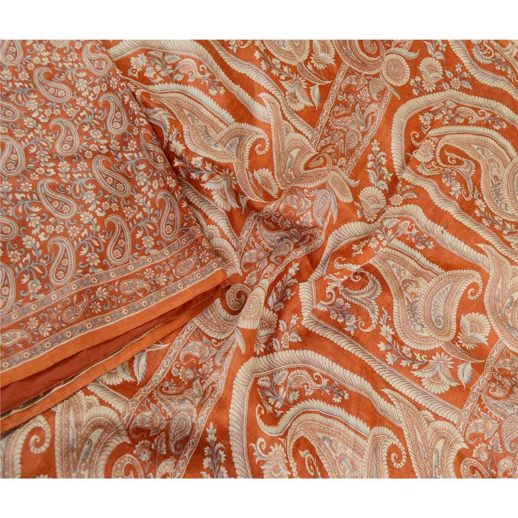 Sanskriti Vintage Sarees Orange Indian Pure Silk Printed Sari Soft Craft Fabric