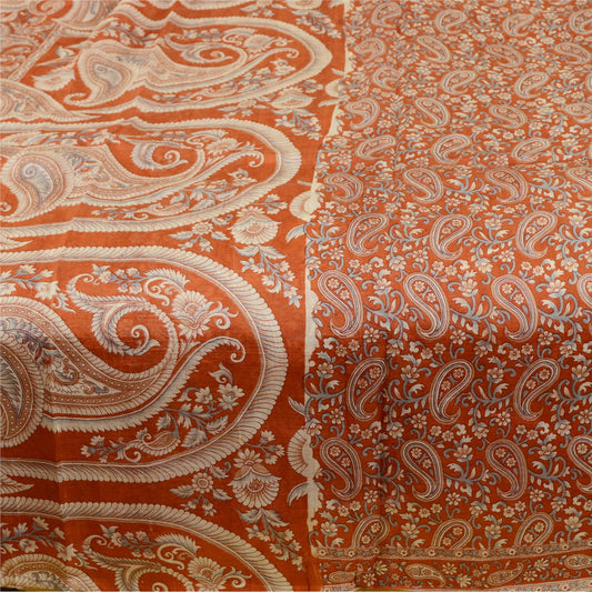 Sanskriti Vintage Sarees Orange Indian Pure Silk Printed Sari Soft Craft Sustainable Fabric