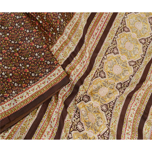 Sanskriti Vintage Sarees Brown Indian Pure Silk Printed Sari Soft Craft Sustainable Fabric