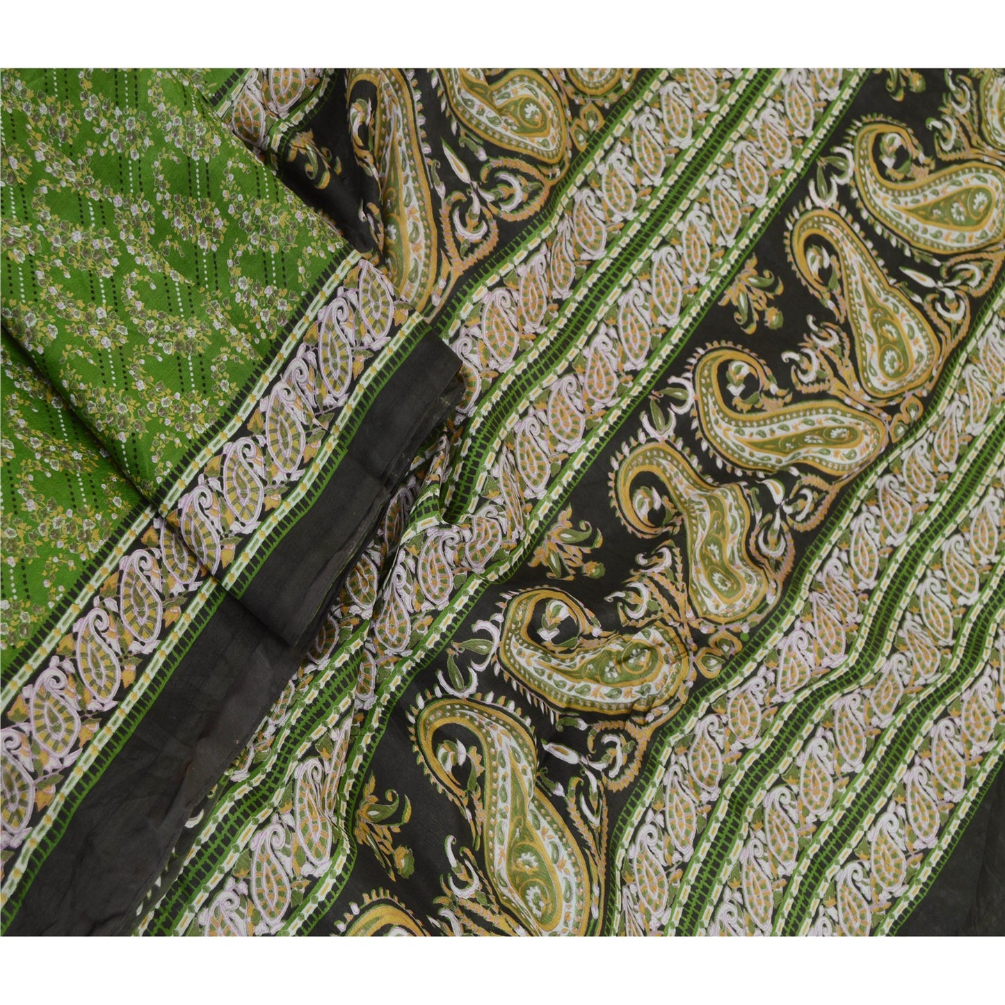 Sanskriti Vintage Sarees Green Indian Pure Silk Printed Sari Decor Craft Sustainable Fabric