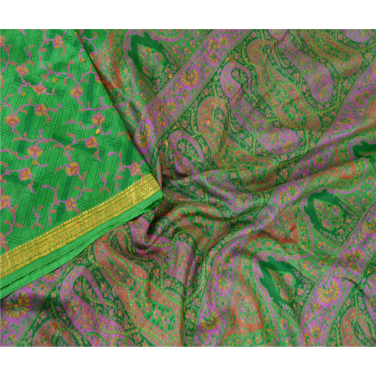Sanskriti Vintage Sarees Green Pure Silk Printed Zari Border Sari Craft Sustainable Fabric