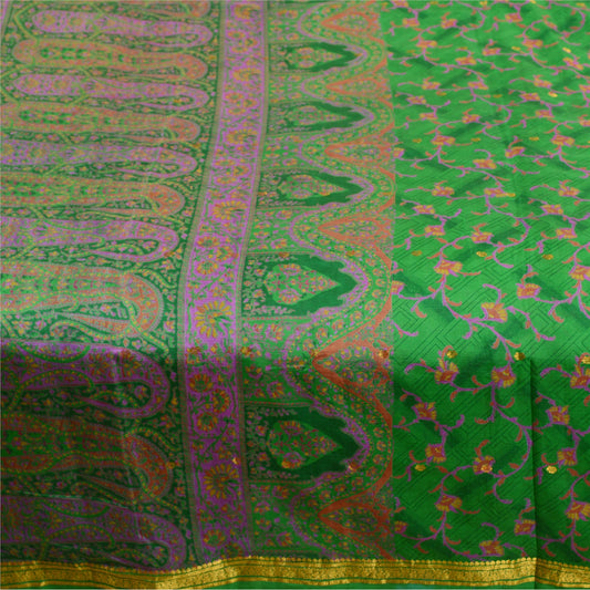 Sanskriti Vintage Sarees Green Pure Silk Printed Zari Border Sari Craft Sustainable Fabric