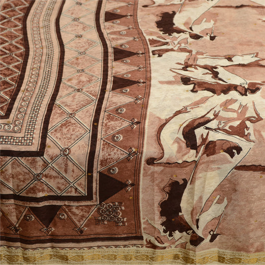 Sanskriti Vintage Sarees Brown Pure Silk Printed Zari Border Sari Craft Sustainable Fabric