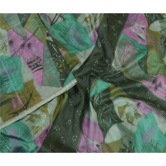 Sanskriti Vintage Sarees Green Indian Pure Silk Printed Sari Decor Craft Sustainable Fabric