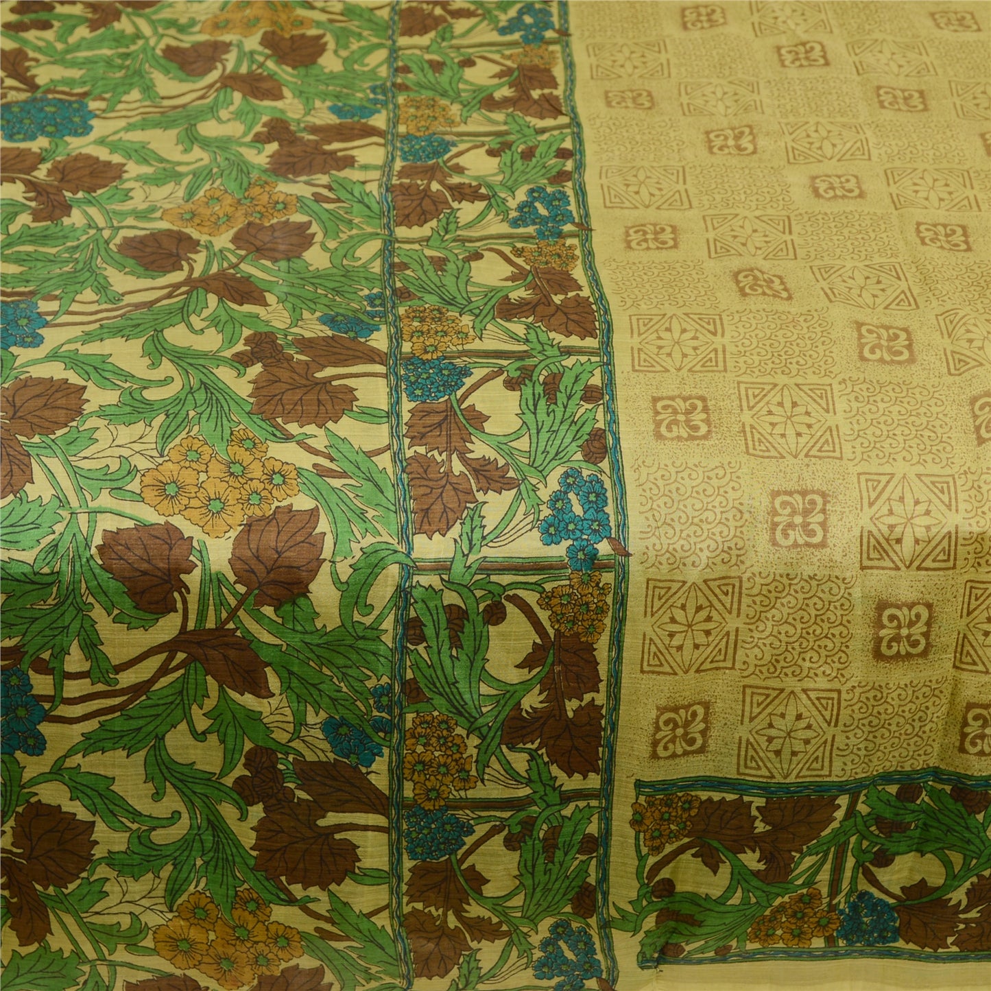 Sanskriti Vintage Sarees Green 100% Pure Silk Printed Sari Floral Craft Sustainable Fabric
