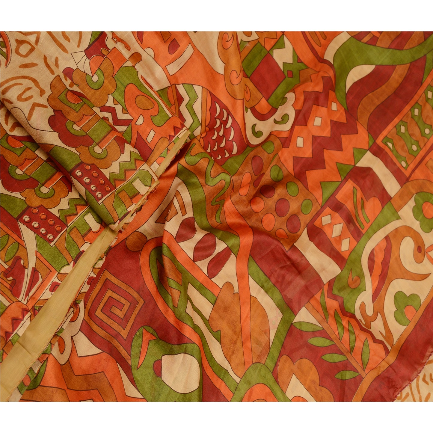 Sanskriti Vintage Sarees Beige 100% Pure Silk Printed Sari Soft 5yd Craft Sustainable Fabric