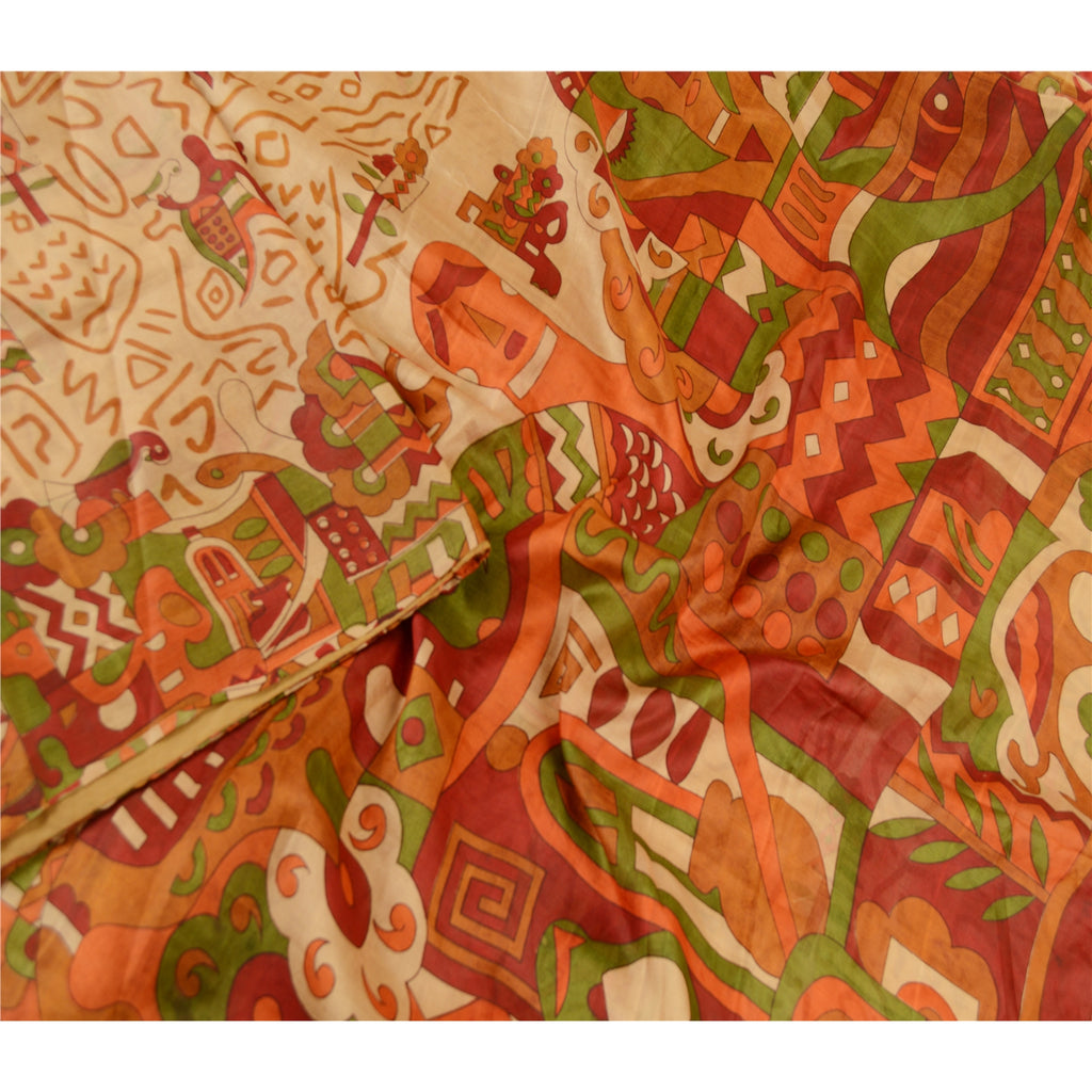 Sanskriti Vintage Sarees Beige 100% Pure Silk Printed Sari Soft 5yd Craft Sustainable Fabric