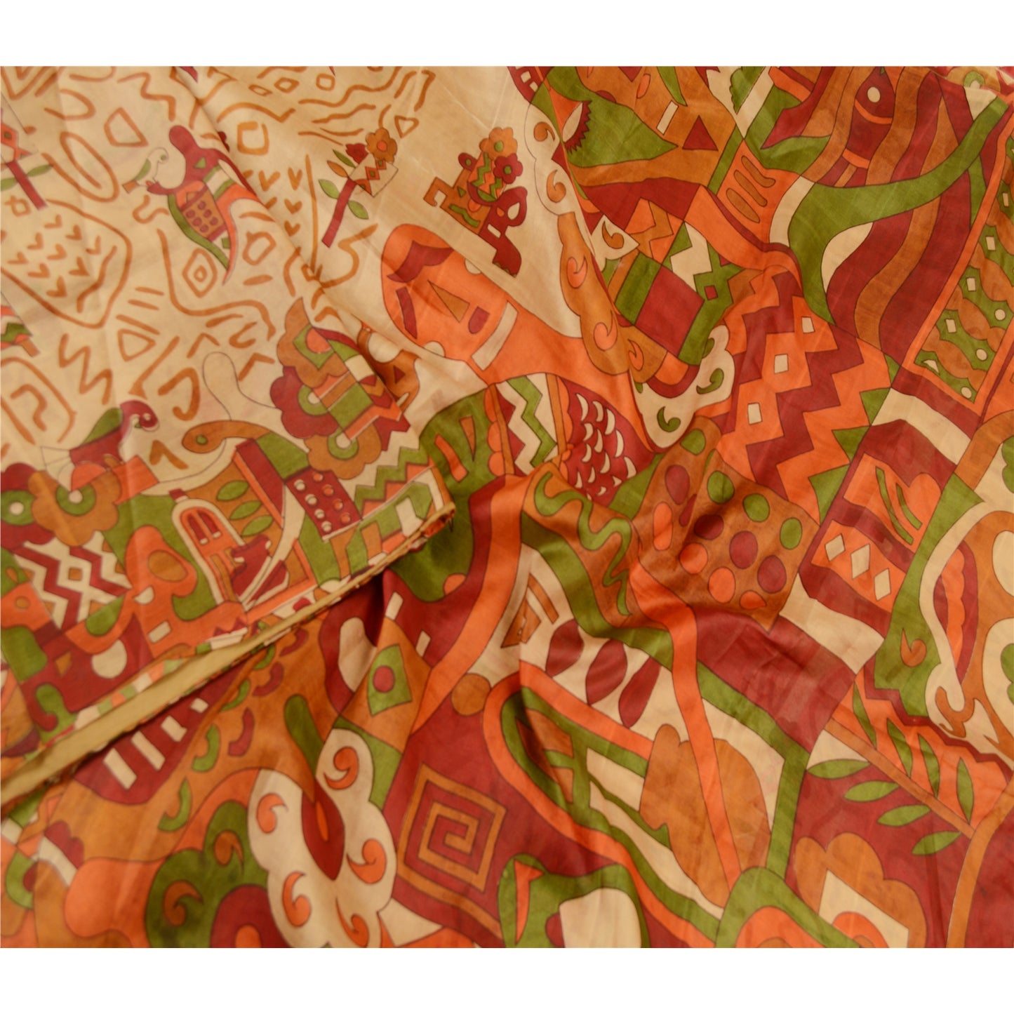 Sanskriti Vintage Sarees Beige 100% Pure Silk Printed Sari Soft 5yd Craft Sustainable Fabric