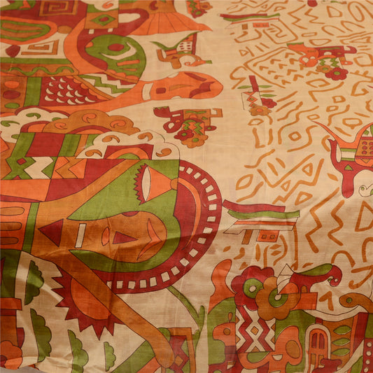 Sanskriti Vintage Sarees Beige 100% Pure Silk Printed Sari Soft 5yd Craft Sustainable Fabric
