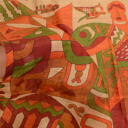 Sanskriti Vintage Sarees Beige 100% Pure Silk Printed Sari Soft 5yd Craft Sustainable Fabric