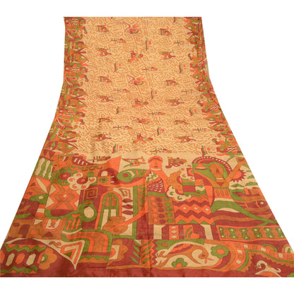 Sanskriti Vintage Sarees Beige 100% Pure Silk Printed Sari Soft 5yd Craft Sustainable Fabric