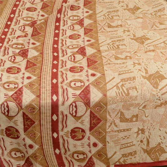 Sanskriti Vintage Sarees Brown 100% Pure Silk Printed Sari 5yd Soft Craft Sustainable Fabric