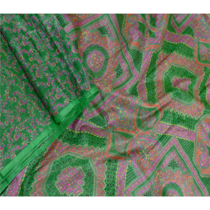 Sanskriti Vintage Sarees Indian Green Pure Silk Printed Sari 5yd Craft Sustainable Fabric