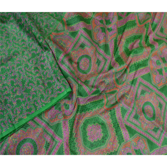 Sanskriti Vintage Sarees Indian Green Pure Silk Printed Sari 5yd Craft Sustainable Fabric